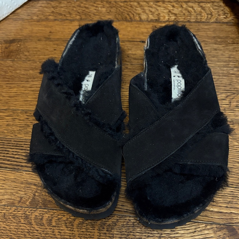 Birkenstock Papillio Daytona Black Shearling Slide Sandals - Picture 1 of 7